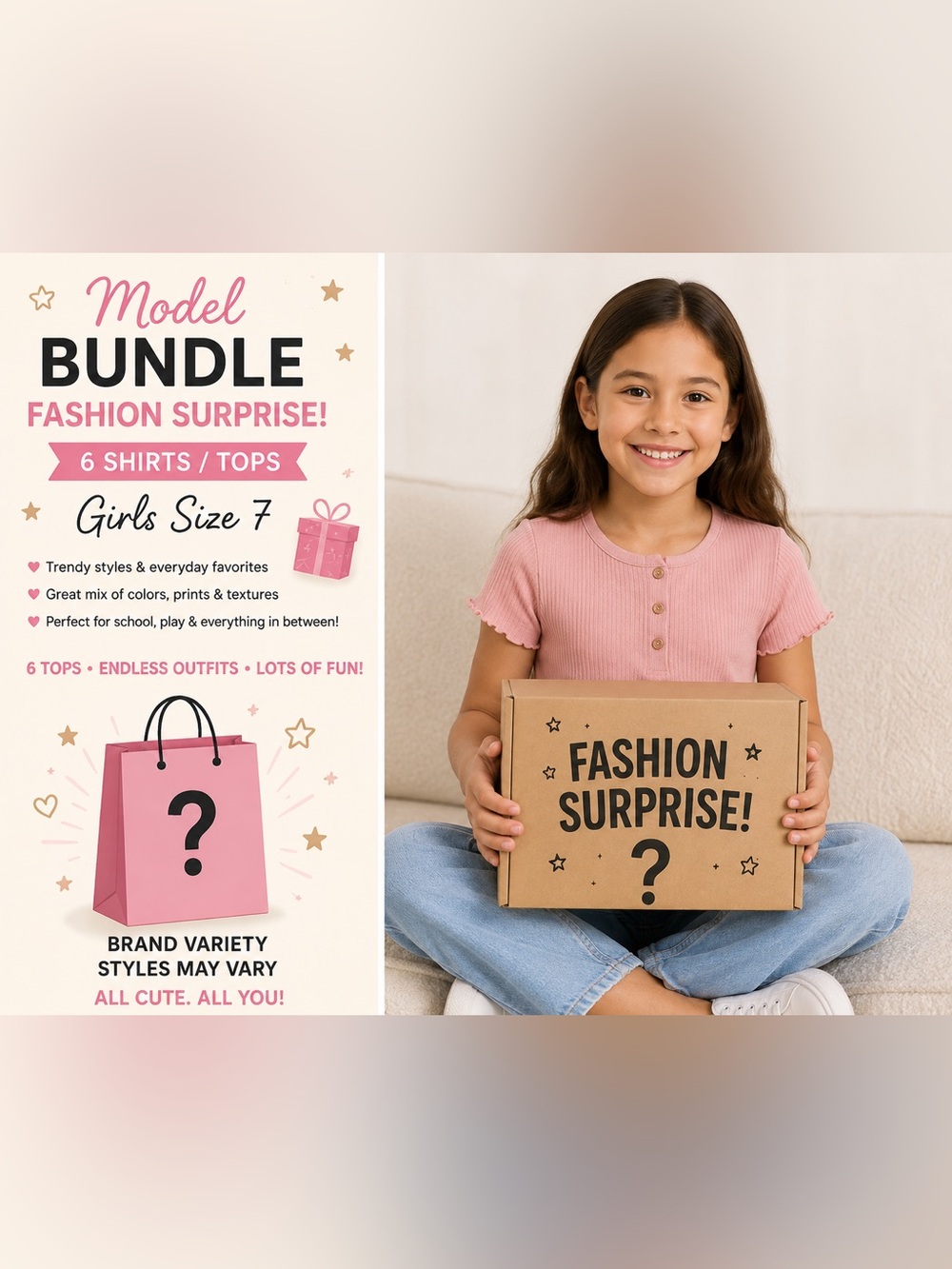 Girls Size 7 Surprise Clothing Bundle 6 Shirts Tops Fashion Box